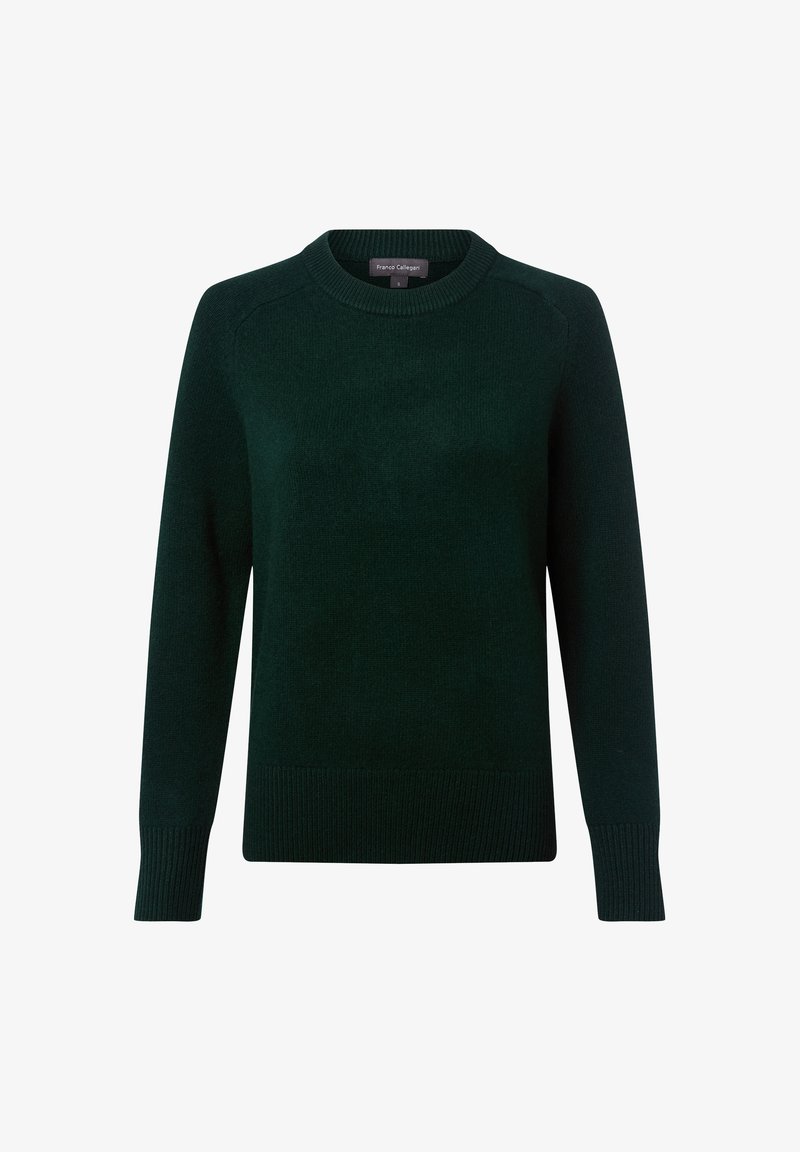 Pull en tricot vert foncé avec des manches longues, un col rond et un ourlet côtelé. Texture lisse et design classique adapté à diverses occasions.