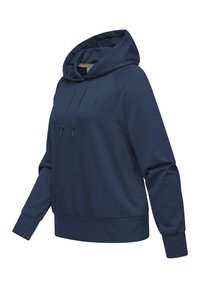 Navy blue hooded sweatshirt in soft material, featuring long sleeves, a kangaroo pocket, and drawstring accents at the hood.