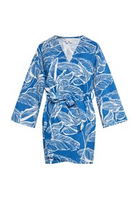Robe avvolgente blu con motivo a foglia bianca, maniche corte e vita con cintura. Realizzato in un tessuto liscio con un design a scollo a V.
