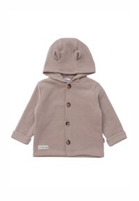 Helle beige Kinderjacke aus geripptem Stoff, mit Kapuze und Bärenohren, Holzknöpfen und umgeschlagenen Bündchen. Kleine Etikette auf der Vorderseite.