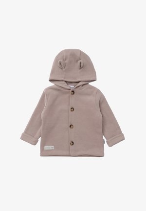 Helle beige Kinderjacke aus geripptem Stoff, mit Kapuze und Bärenohren, Holzknöpfen und umgeschlagenen Bündchen. Kleine Etikette auf der Vorderseite.