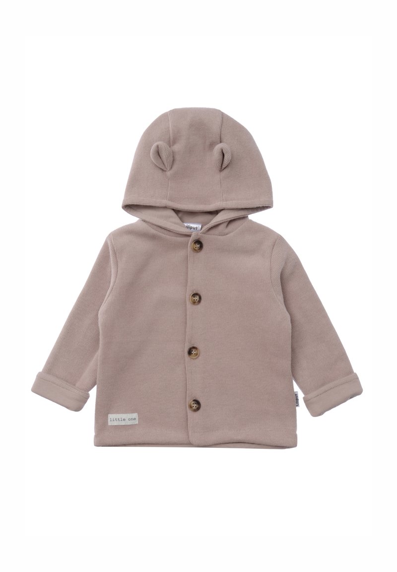 Helle beige Kinderjacke aus geripptem Stoff, mit Kapuze und Bärenohren, Holzknöpfen und umgeschlagenen Bündchen. Kleine Etikette auf der Vorderseite.