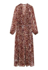 Robe longue et transparente aux tons chauds avec un motif inspiré du zèbre. Encolure à volants, manches longues et taille cintrée avec des boutons.