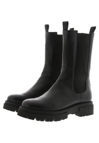 Schwarze Leder-Stiefeletten mit elastischen Einsätzen, abgerundeten Zehen, dicken Gummisohlen und Zuglaschen auf der Rückseite für ein einfaches Anziehen.