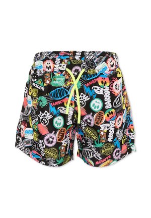 Pantaloncini da bagno neri con coulisse giallo neon e toppe colorate in stile cartone animato con loghi, testo e grafiche su tutta la superficie.