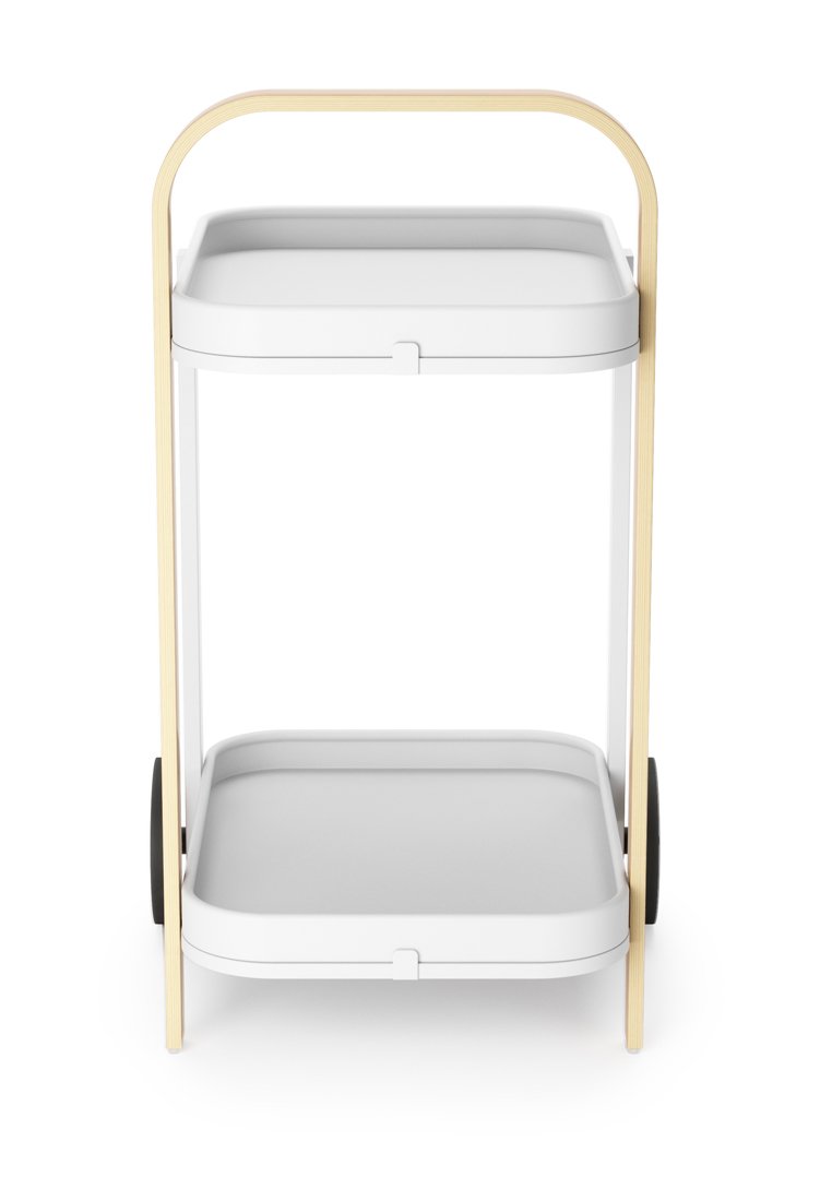 Weißer zweistufiger Wagen mit abgerundeten Kanten und einem Holzgriff. Verfügt über schwarze Räder und ein minimalistisches Design. Hergestellt aus Kunststoff und Holz.