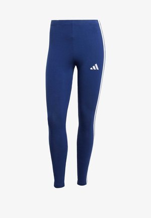 Leggings azul-marinho com riscas laterais brancas e um logo da marca na parte inferior da perna. Feitos de material elástico para conforto e liberdade de movimento.