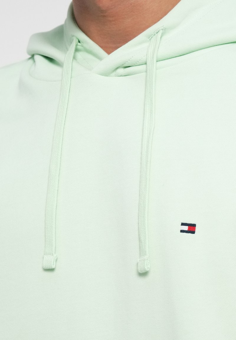 Lichtgroene hoodie met trekkoorden, voorzien van een klein gekleurd logo op de borst, gemaakt van zachte stof.