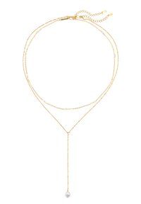 Goldschichtige Kette mit zarten Ketten, verziert mit kleinen Perlenakzenten und einem langen Kettenabfall mit einer einzelnen Perle am Ende.