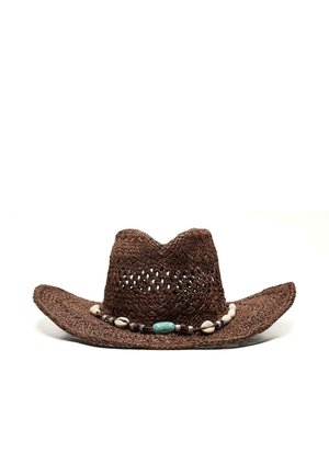 Brązowy pleciony kapelusz kowbojski z turkusową i białą opaską z koralików, z otworami wentylacyjnymi wokół korony.