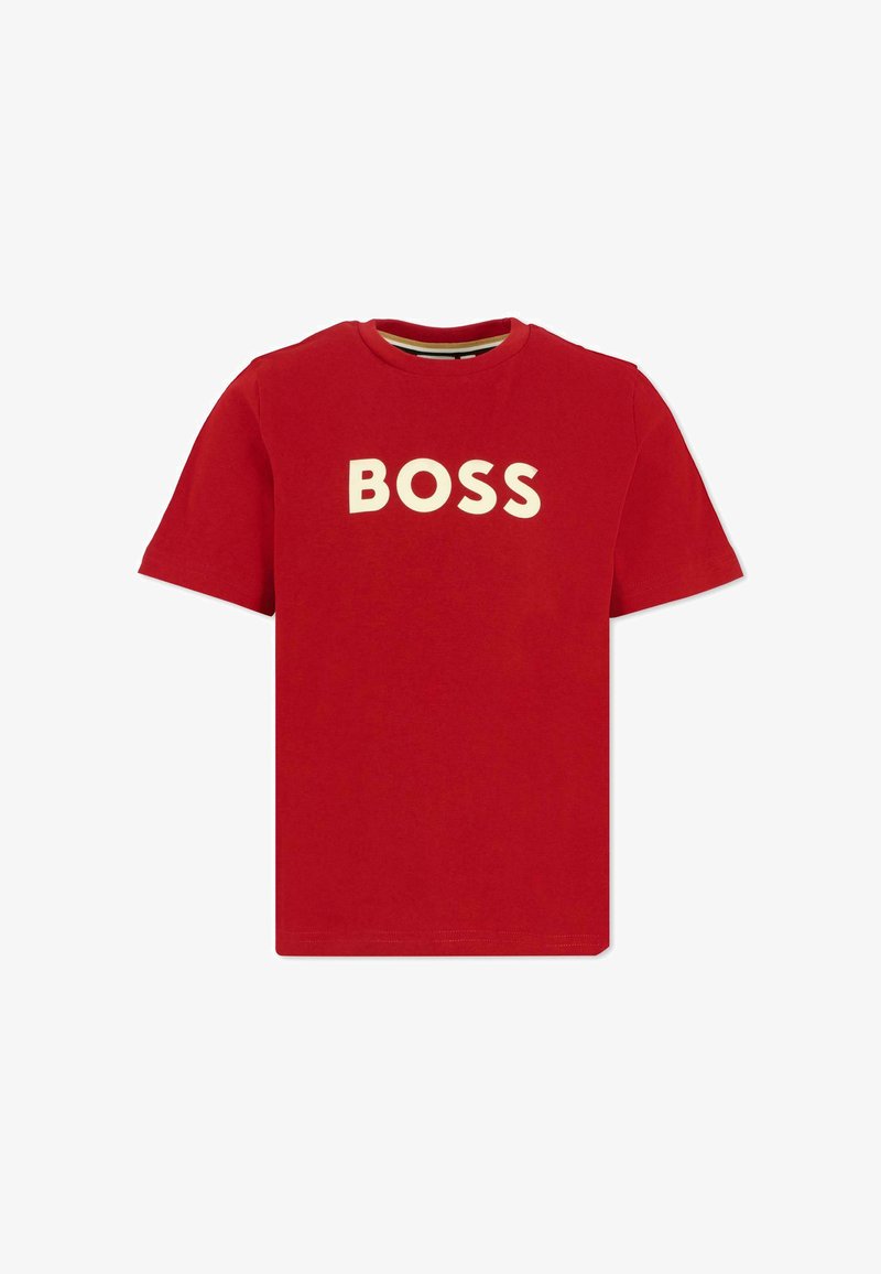 Czerwona bawełniana koszulka z dużym, wyraźnym, kości słoniowej logo "BOSS" z przodu. Klasyczny okrągły dekolt z krótkimi rękawami.