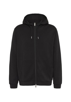 Felpa nera con zip, dotata di cappuccio regolabile, tasche frontali, polsini a coste e una texture di stoffa liscia.