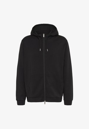 Fekete cipzáras kapucnis pulóver, állítható kapucnival, elülső zsebekkel, bordás mandzsettákkal és sima szövet textúrával.