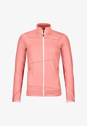 Pink fleece jacket with a high collar, front zip closure, and contrasting white stitching. Features two side pockets and ergonomic seams.