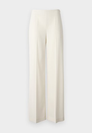 Bílé kalhoty s širokými nohavicemi vyrobené z hladkého materiálu s předními záhyby. Navrženy s vysokým pasem a čistým zakončením.