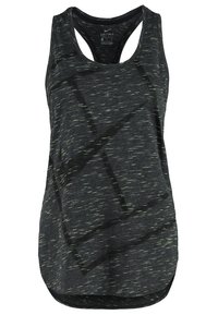 Débardeur de sport sans manches Nike Dri-FIT gris foncé avec un design dos nageur et un motif subtil de stries blanches.