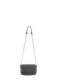 Szara skórzana torba crossbody o prostokątnym kształcie, z łańcuszkowym paskiem i magnetycznym zapięciem. Na froncie znajduje się logo.