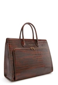 Brown croc-embossed leather handbag with dual handles, gold-tone hardware, and a front zipper pocket. Sleek, structured design.