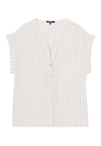 Blusa leggera in crema con sottili righe verticali blu. Scollatura a V, maniche corte e chiusura frontale con bottoncini.