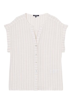 Leichtes Creme-Bluse mit feinen vertikalen Streifen in Blau. V-Ausschnitt, kurze Ärmel und Frontknopfverschluss mit kleinen Knöpfen.