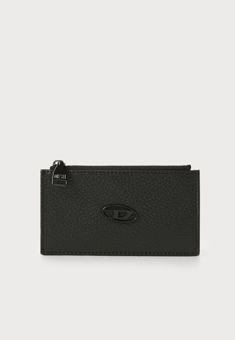 Black leather wallet with a textured surface, slim rectangular shape, and a zip closure featuring a branded black hardware accent.