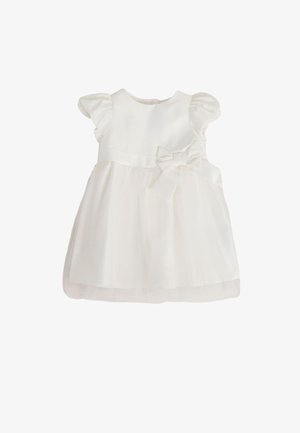 Weißes Baby-Kurzarmkleid mit Puffärmeln, einem Satinbund und einer dekorativen Schleife auf der rechten Taillenseite.