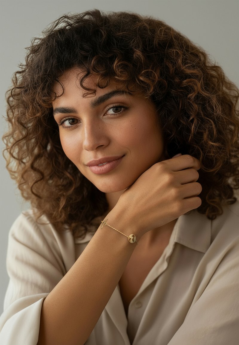 Guldarmband med en fin kedja, prytt med en globberlock och en flygplansdetalj, buren på ett solbrunt handled mot en neutral bakgrund.