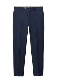 Pantalon bleu marine plissé en tissu lisse avec une fermeture à bouton. Présente une coupe droite et une texture subtile. Pas de poches visibles.