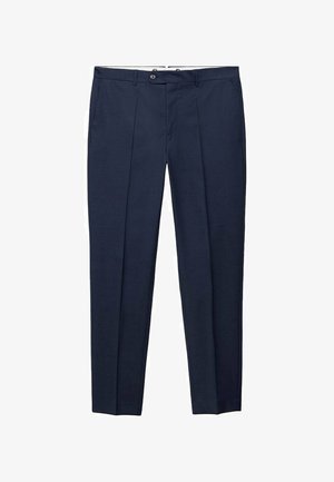 Helle marineblaue, plissierte Hose aus glattem Stoff mit Knopfverschluss. Sie hat ein gerades Bein-Design und eine subtile Textur. Keine sichtbaren Taschen.