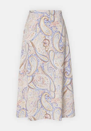 Μία φούστα μέχρι το γόνατο με μπεζ φόντο που διαθέτει ένα πολύχρωμο σχέδιο paisley σε μπλε, χρυσές και κόκκινες αποχρώσεις.