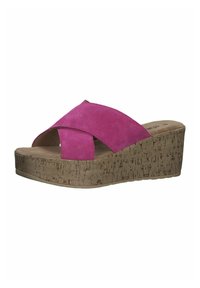 Sandali con zeppa in suede rosa, con cinturini incrociati, piattaforma in sughero e sottopiede liscio beige. Punta rotonda e design ergonomico.