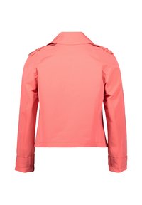Coral-colored, faux leather jacket with a notch collar, shoulder epaulets, and long sleeves, featuring a smooth, glossy texture.