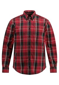 Rot-schwarz kariertes Hemd mit Knöpfen, lange Ärmel, glatte Stofftextur, mit spitzen Kragen und einer Brusttasche.