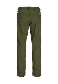 Pantaloni in cotone verde oliva con taglio dritto, vita elastica e due tasche posteriori. Tessuto morbido senza motivi visibili o accessori.