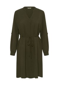 Oljčno zelena obleka iz mehke tkanine z V-izrezom, dolgimi rokavi z elastičnimi manšetami in pasom z zavezovanjem za nastavljivo prileganje na pasu.