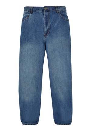 Lyseblå denimjeans med avslappet passform, med knappelukking, fem lommer og lett falmet tekstur på stoffet.