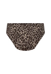 Bas de bikini à imprimé léopard avec un fond beige clair et des taches marron foncé et noires, présenté sur un fond blanc.