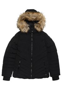 Černá péřová bunda s kapucí s umělým kožešinovým podšívkou, šikmo prošívanou texturou, bočními kapsami na zip a ribbovanými manžetami.
