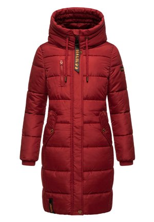 Red padded coat with a high collar, zip and button closures, two side pockets, and a zippered chest pocket. Features logo detailing.