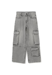 Grijze cargobroek van denim, met grote zijzakken, een relaxte pasvorm en een lichte vervaging.