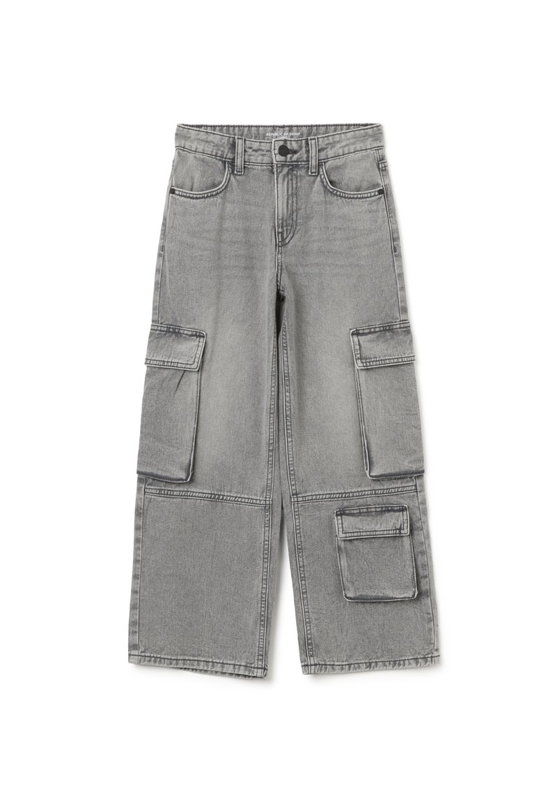 Grijze cargobroek van denim, met grote zijzakken, een relaxte pasvorm en een lichte vervaging.