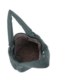 Zachte, donkergroene tote bag met een gestructureerde buitenkant; de binnenkant heeft een stippenpatroon in bruine tinten. Dubbele handvaten, ritssluiting.