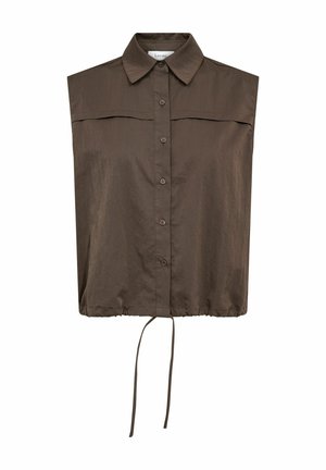 Chemise marron sans manches avec boutons, col, empiècement et ourlet à cordon réglable.