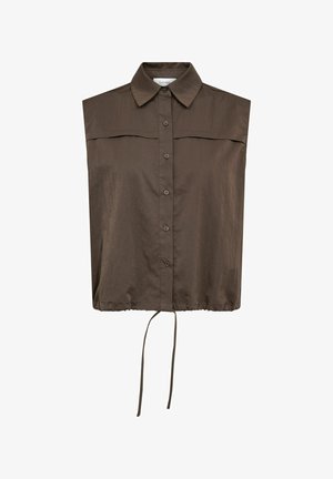 Brun ærmeløs skjorte med knapper, krave, skulderdetail og justerbar snørekant.