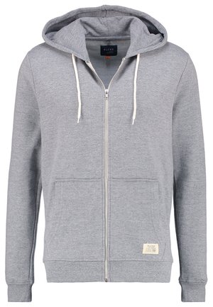 Gray zip-up hoodie with a drawstring hood, front pockets, ribbed cuffs, and a small label on the lower right side. Soft and casual fabric.