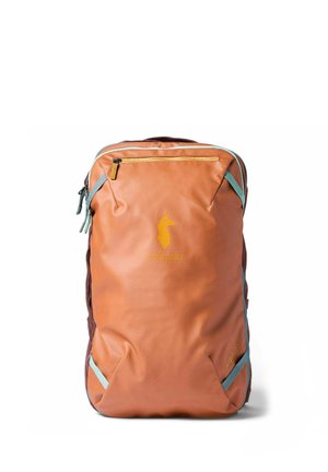Orange and brown Cotopaxi backpack with blue accents, front zipper pocket, and llama logo on a white background.