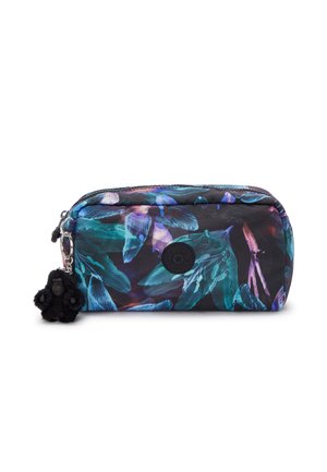 Zippered fabric pouch with a floral pattern in vibrant blue and purple on a black background. Features a black plush charm attached.