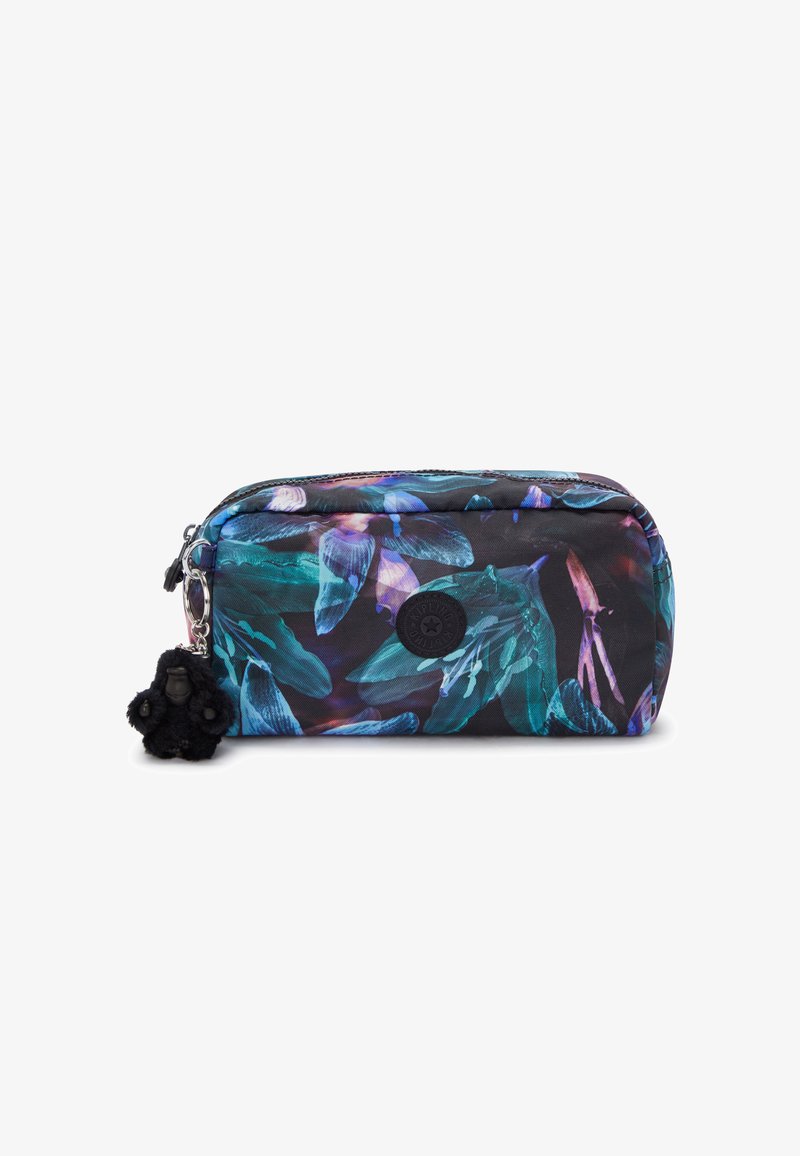 Zippered fabric pouch with a floral pattern in vibrant blue and purple on a black background. Features a black plush charm attached.