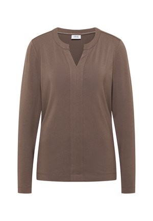 Top marrón de manga larga con escote en V, detalles de costuras sutiles y tela suave y texturizada. Diseñado para un ajuste relajado.