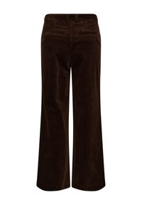 Pantalon large en velours côtelé marron avec poches passepoilées à l'arrière et passants de ceinture, vu de dos sur fond blanc.